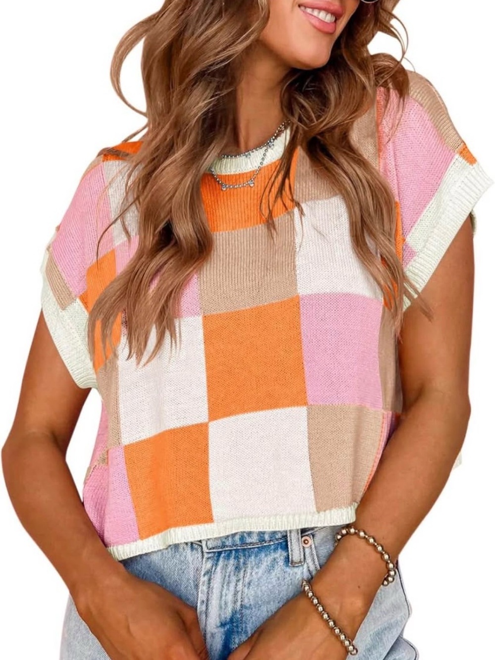 Checkerboard Knit Crop Top - Pink, Orange & Cream
